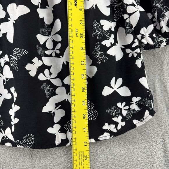 Talbots Top Womens L Black Butterfly Smocked Scoop Neck 3/4 Sleeves Elastic Cuff - Picture 11 of 15